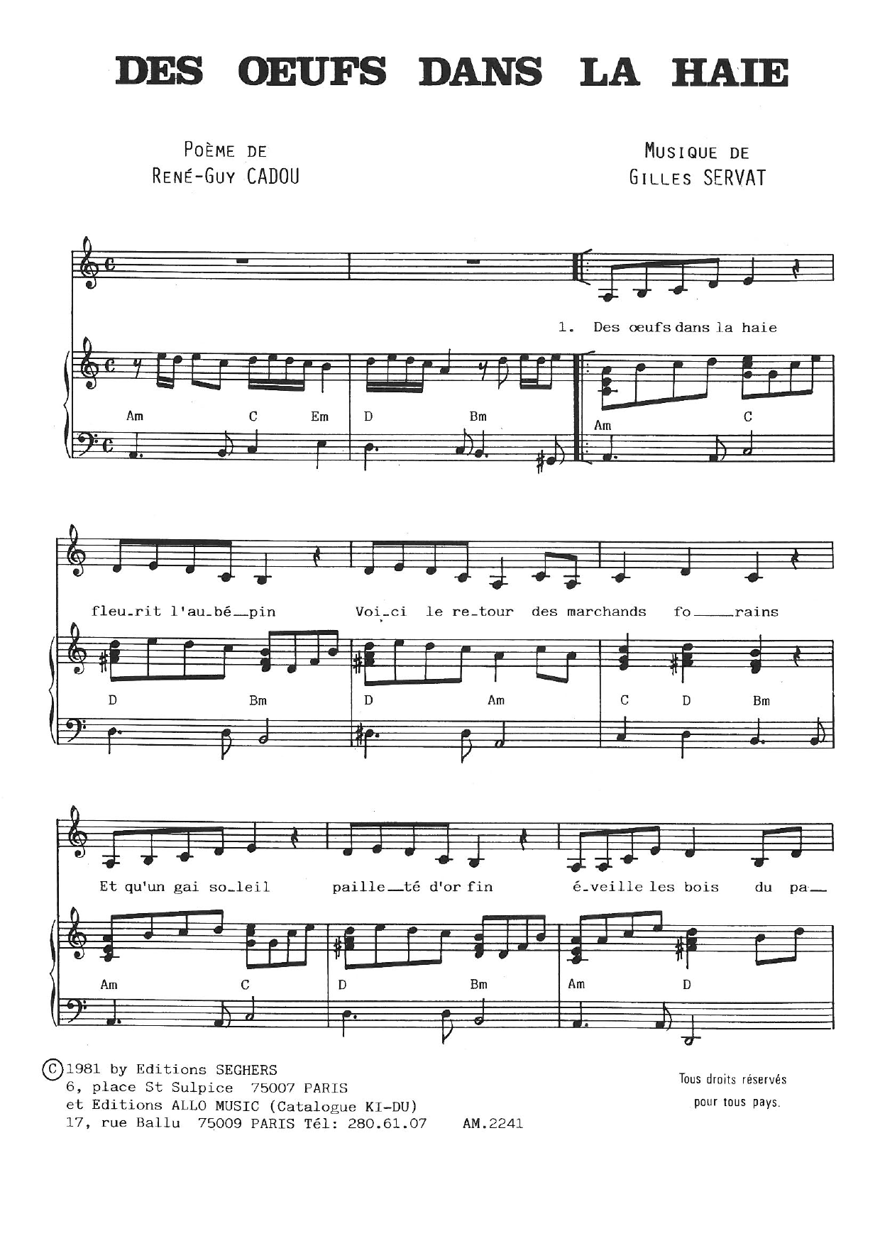 Gilles Servat Des Oeufs Dans La Haie sheet music notes and chords arranged for Piano & Vocal