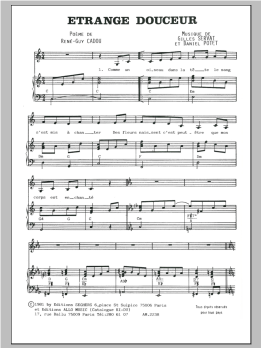 Gilles Servat Etrange Douceur sheet music notes and chords arranged for Piano & Vocal