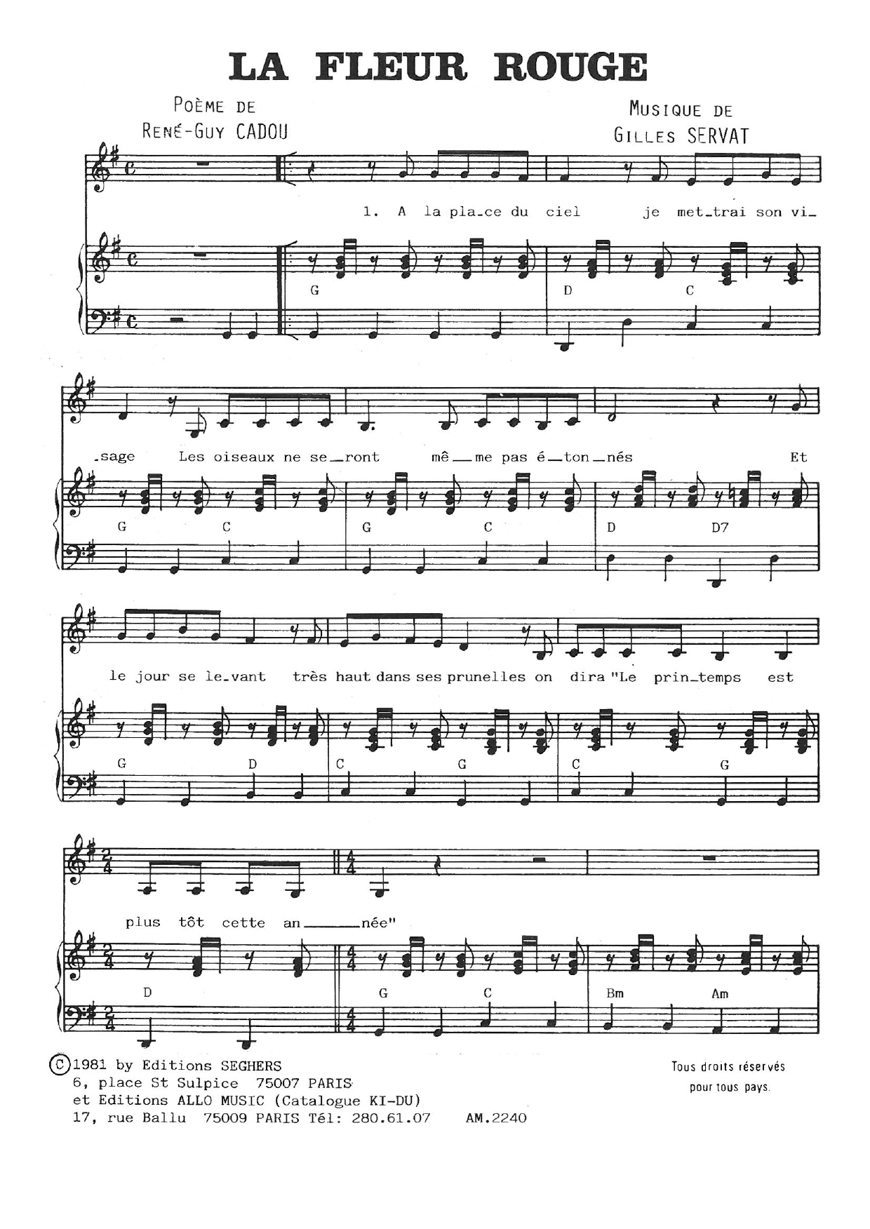 Gilles Servat La Fleur Rouge sheet music notes and chords arranged for Piano & Vocal