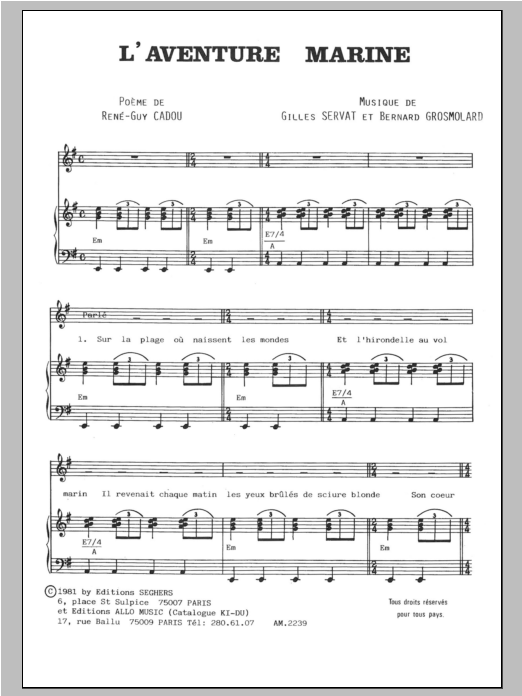 Gilles Servat L'aventure Marine sheet music notes and chords arranged for Piano & Vocal