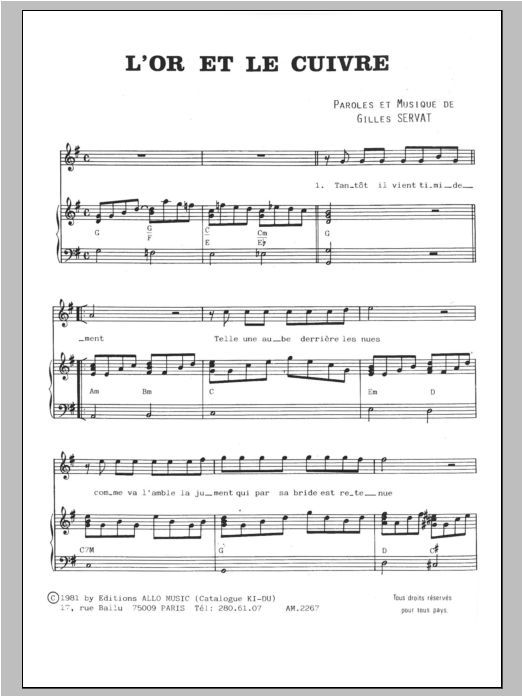 Gilles Servat L'or Et Le Cuivre sheet music notes and chords arranged for Piano & Vocal