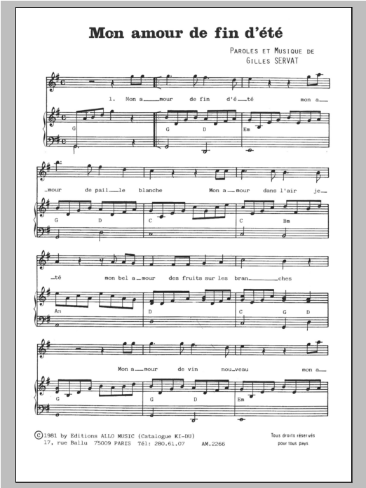 Gilles Servat Mon Amour De Fin D'ete sheet music notes and chords arranged for Piano & Vocal