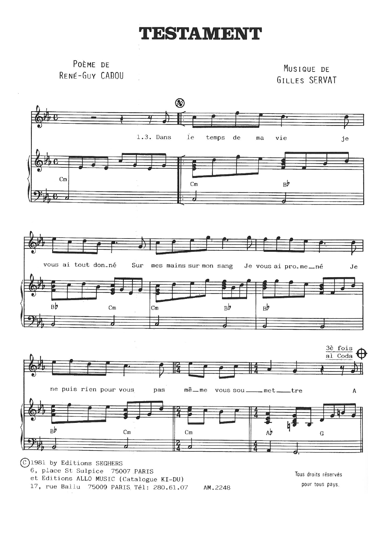 Gilles Servat Testament sheet music notes and chords arranged for Piano & Vocal