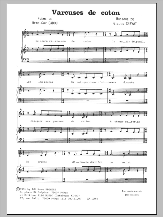 Gilles Servat Vareuses De Coton sheet music notes and chords arranged for Piano & Vocal
