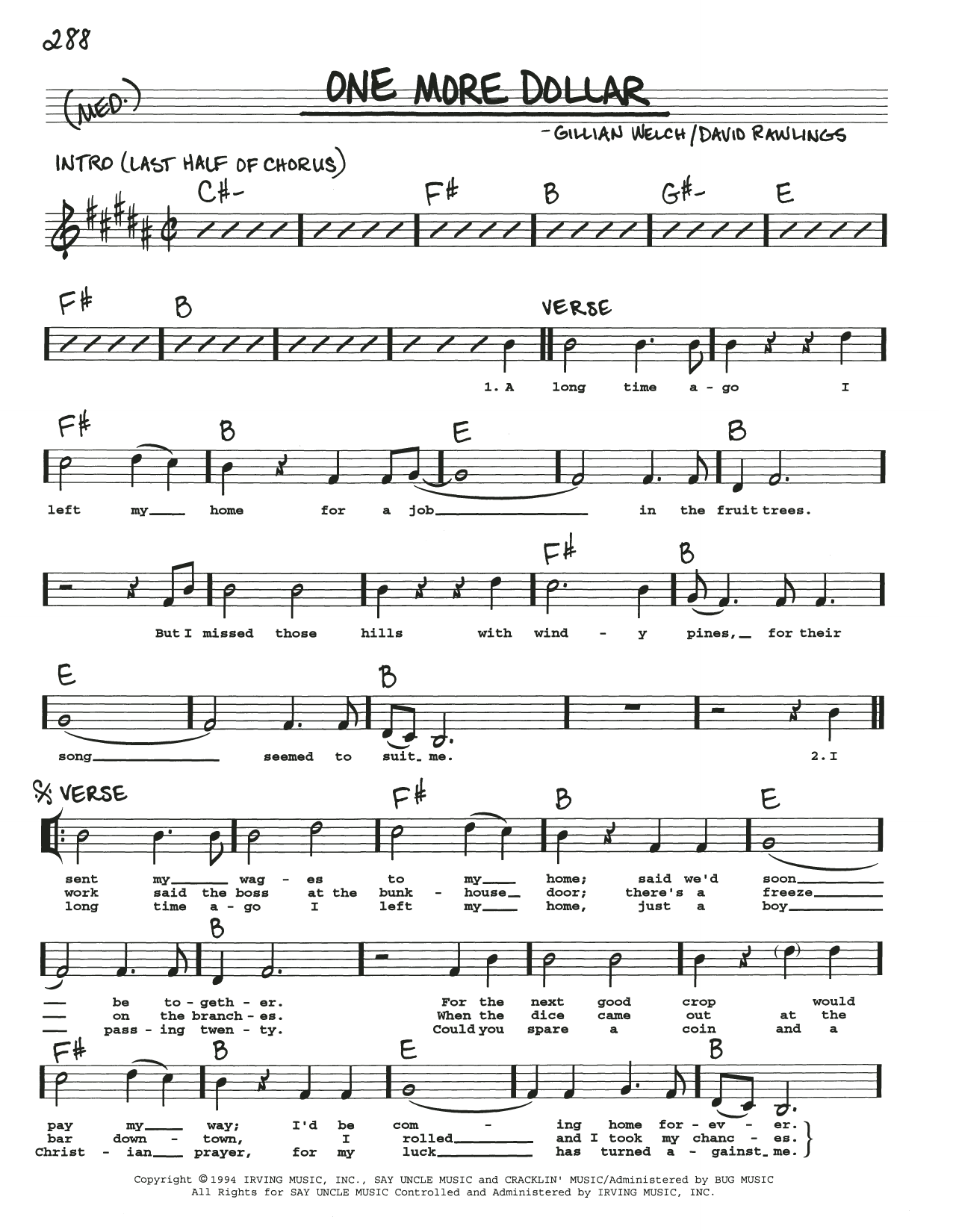 Gillian Welch One More Dollar sheet music notes and chords arranged for Real Book – Melody, Lyrics & Chords