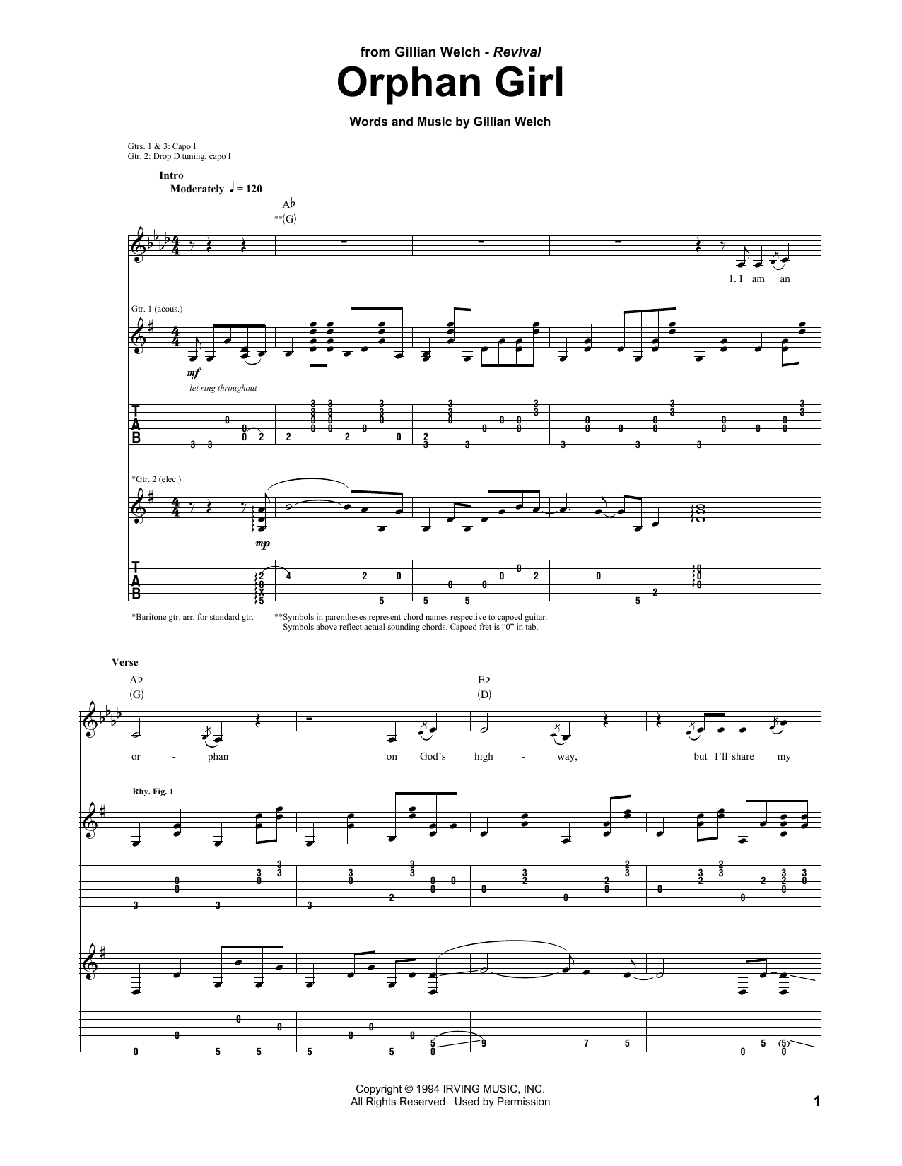 Gillian Welch Orphan Girl sheet music notes and chords arranged for Guitar Chords/Lyrics