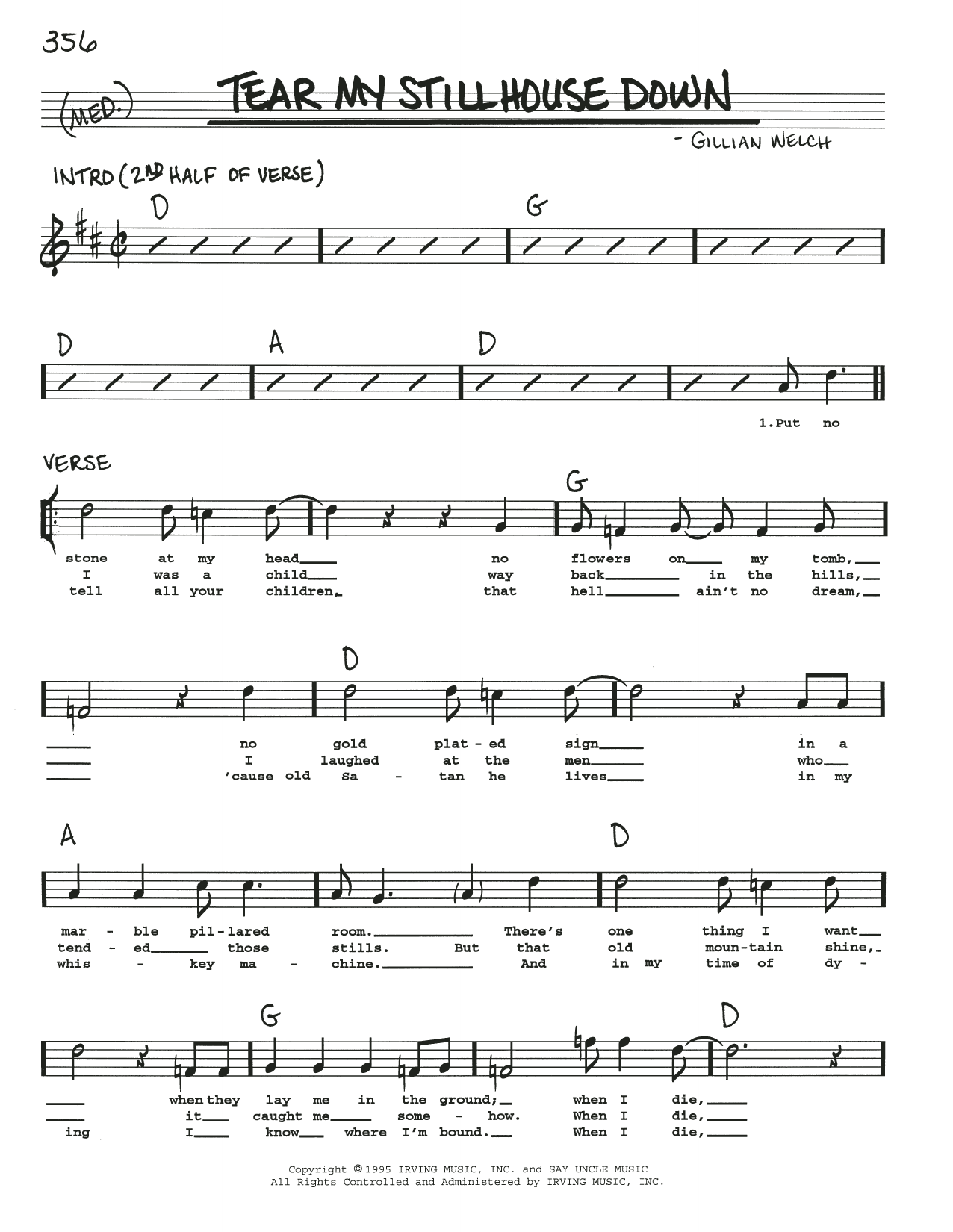 Gillian Welch Tear My Stillhouse Down sheet music notes and chords arranged for Real Book – Melody, Lyrics & Chords