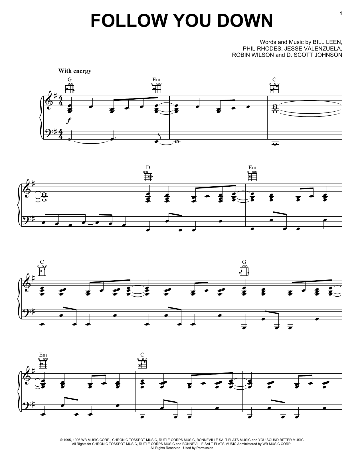 Gin Blossoms Follow You Down sheet music notes and chords arranged for Easy Guitar