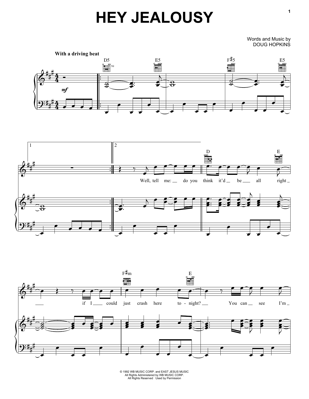 Gin Blossoms Hey Jealousy sheet music notes and chords arranged for Piano, Vocal & Guitar Chords (Right-Hand Melody)