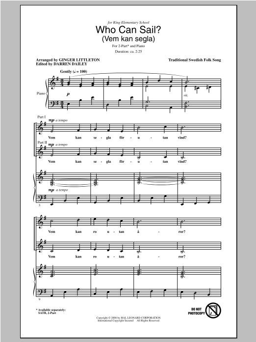 Ginger Littleton Who Can Sail? (Vem Kan Segla) sheet music notes and chords arranged for 2-Part Choir