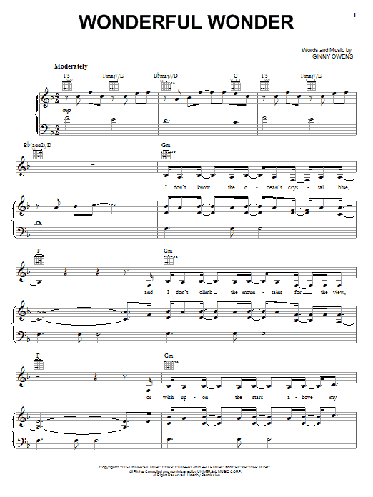 Ginny Owens Wonderful Wonder sheet music notes and chords arranged for Piano, Vocal & Guitar Chords (Right-Hand Melody)