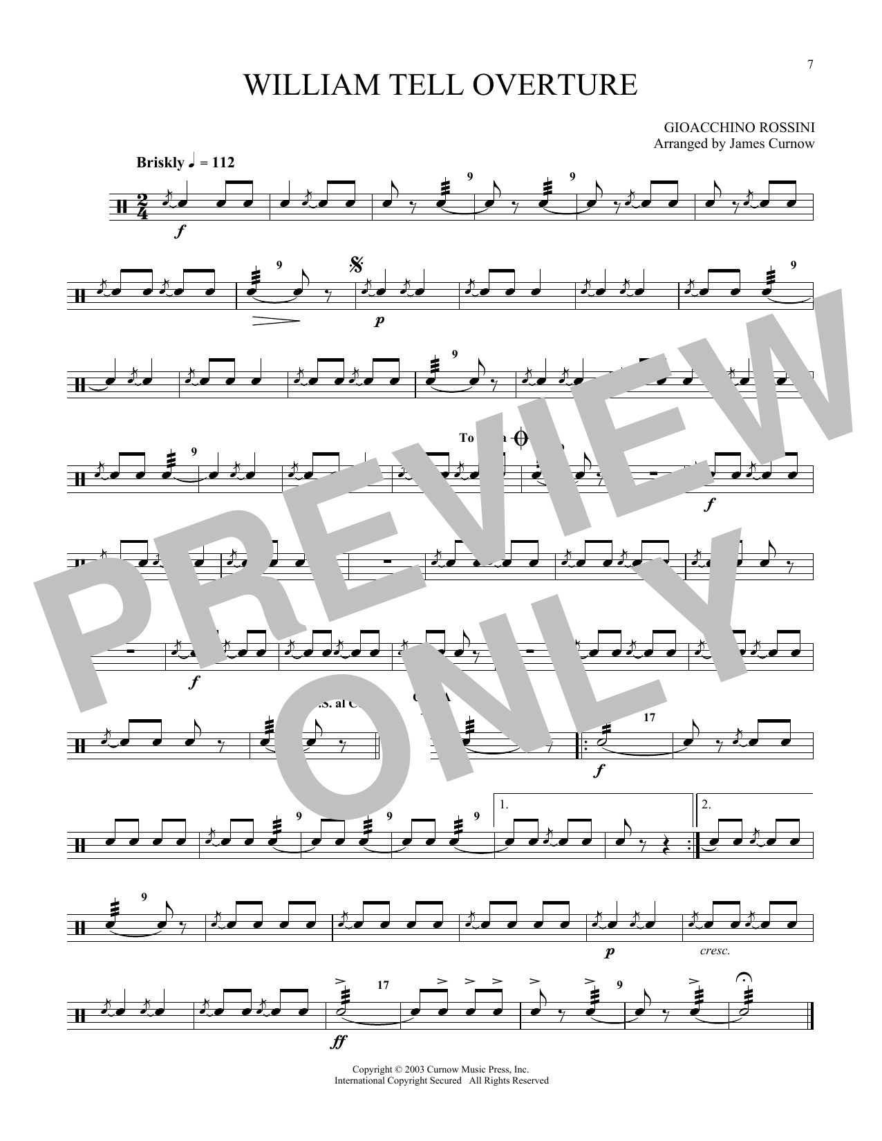 Gioacchino Rossini William Tell Overture (arr. James Curnow) sheet music notes and chords arranged for Snare Drum Solo