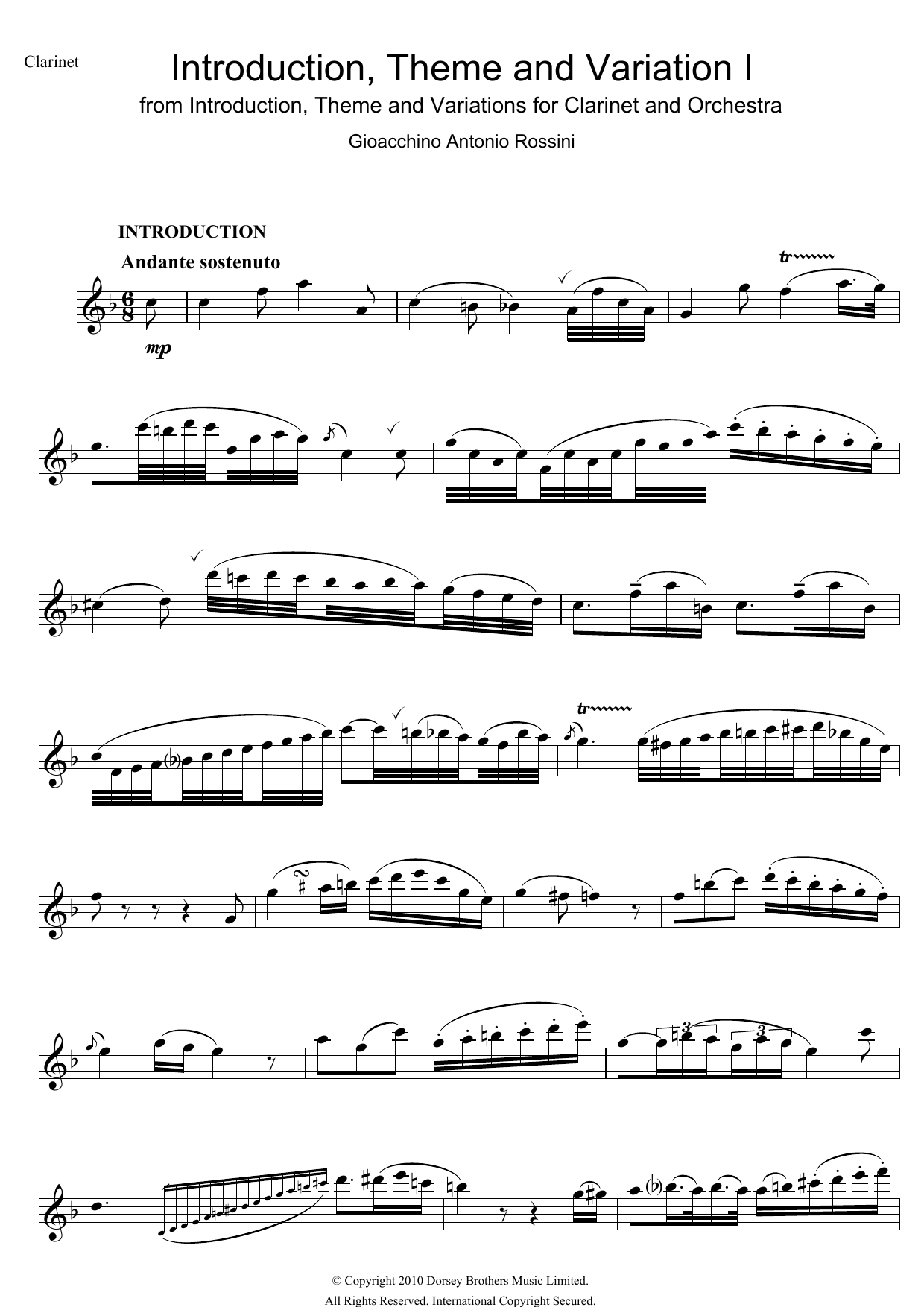 Gioachino Rossini Introduction, Theme And Variations For Clarinet and Orchestra sheet music notes and chords arranged for Clarinet Solo