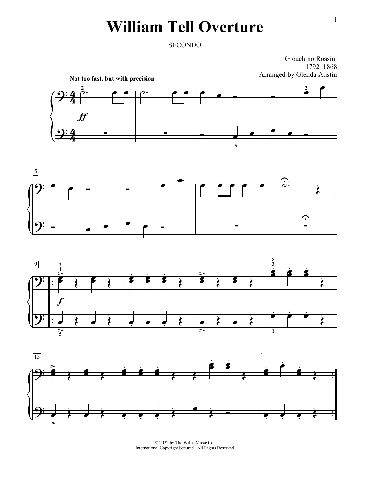 Gioachino Rossini William Tell Overture (arr. Glenda Austin) sheet music notes and chords arranged for Piano Duet