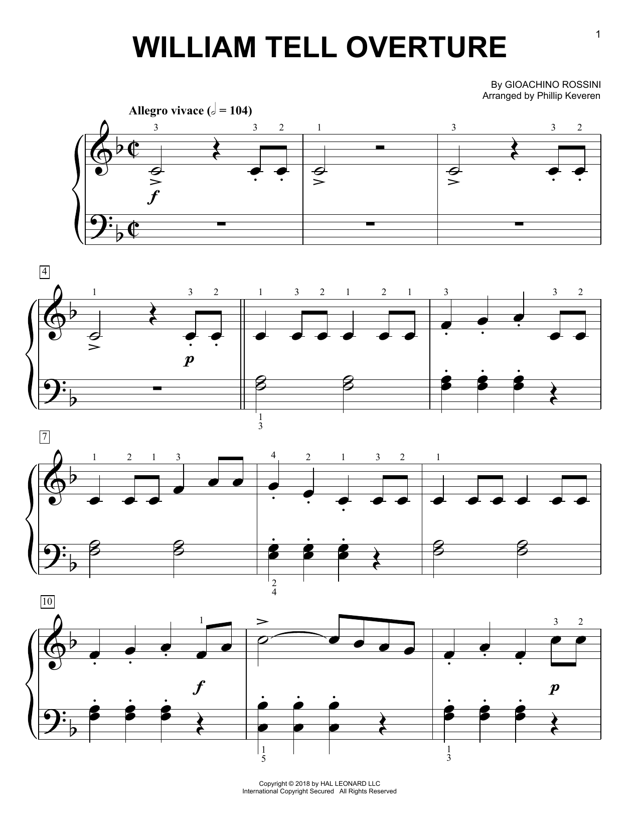 Gioachino Rossini William Tell Overture (arr. Phillip Keveren) sheet music notes and chords arranged for Big Note Piano