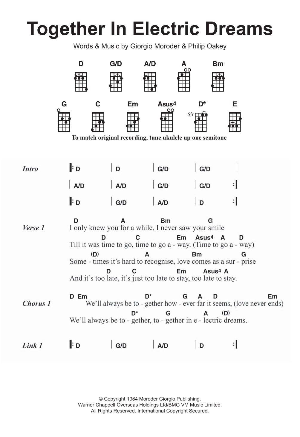 Giorgio Moroder & Philip Oakey Together In Electric Dreams sheet music notes and chords arranged for Ukulele