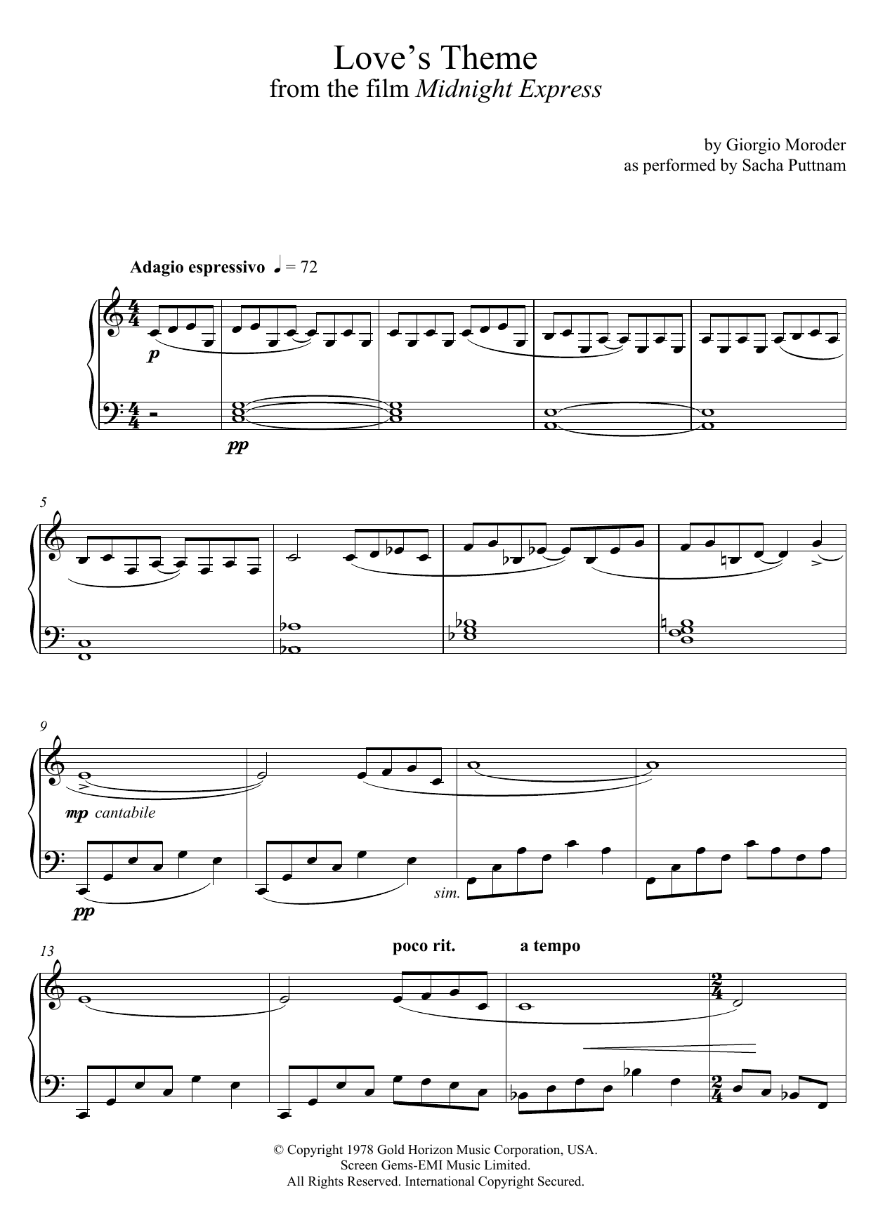 Giorgio Moroder Love's Theme (from Midnight Express) (as performed by Sacha Puttnam) sheet music notes and chords arranged for Piano Solo