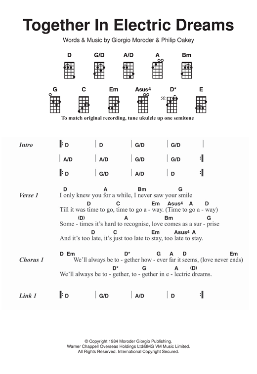 Giorgio Moroder & Philip Oakey Together In Electric Dreams sheet music notes and chords arranged for Ukulele