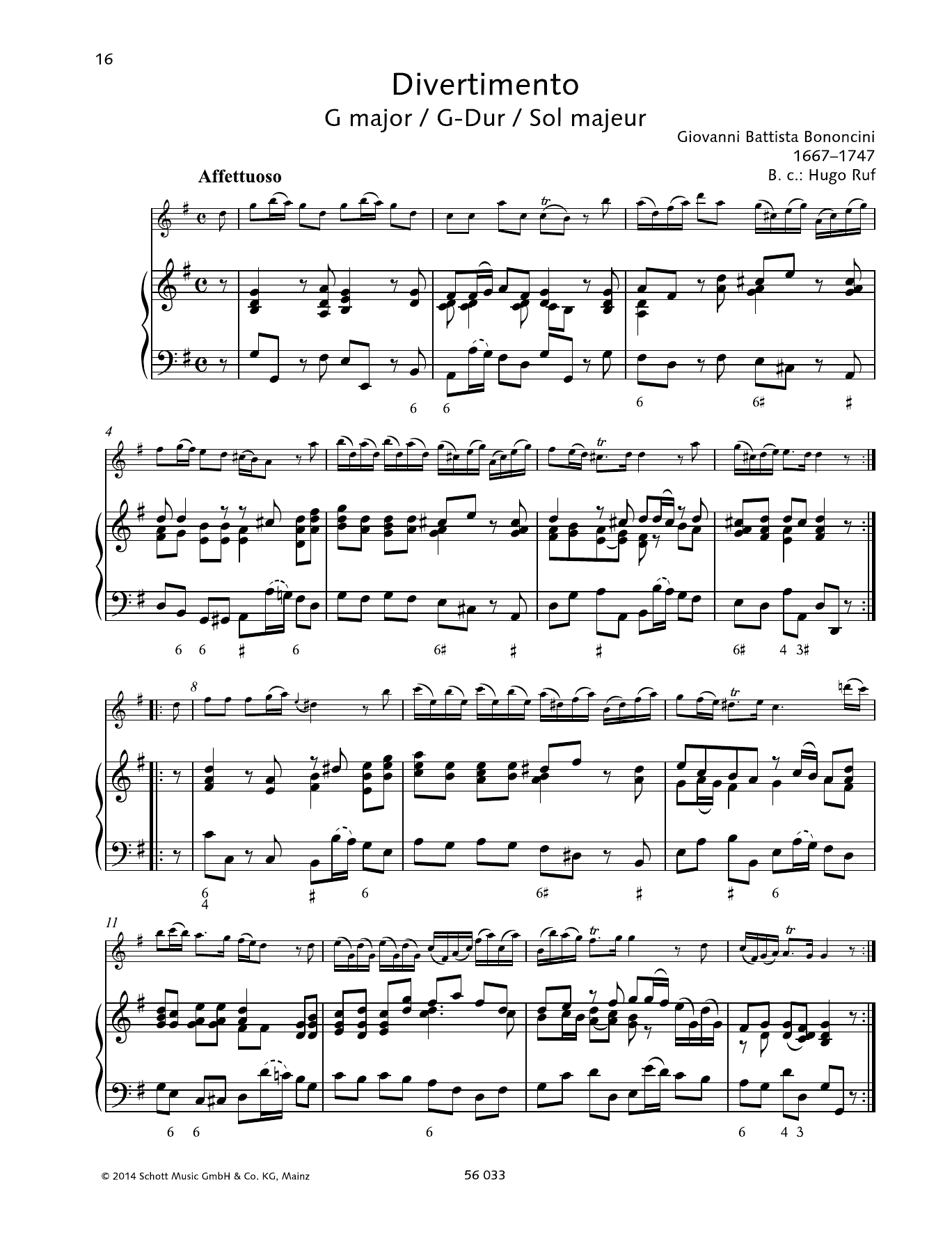 Giovanni Battista Bononcini Divertimento G major sheet music notes and chords arranged for Woodwind Solo