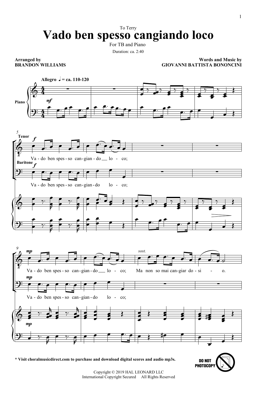 Giovanni Battista Bononcini Vado Ben Spesso Cangiando Loco (arr. Brandon Williams) sheet music notes and chords arranged for TB Choir
