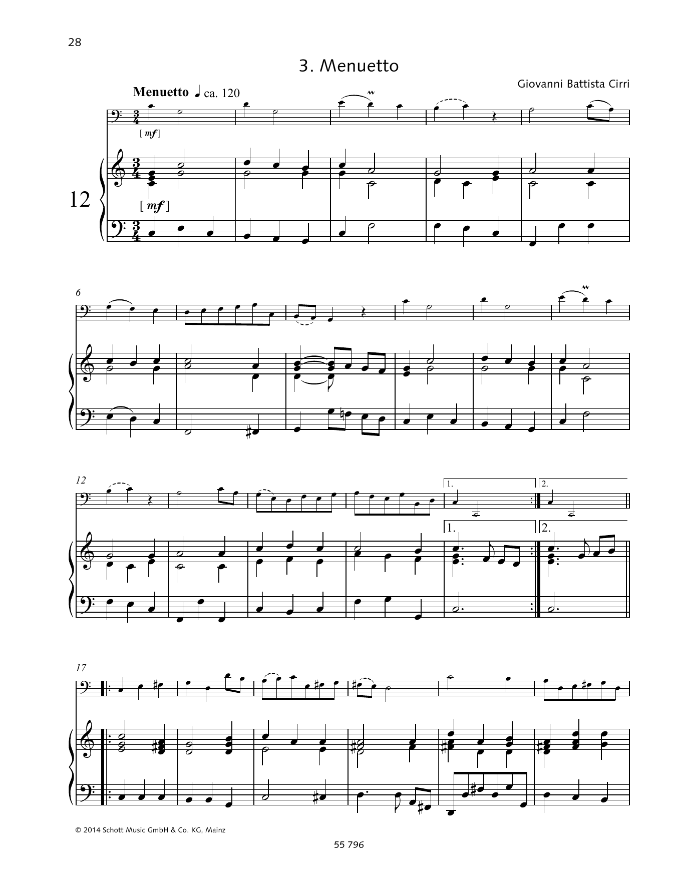 Giovanni Battista Cirri Menuetto sheet music notes and chords arranged for String Solo