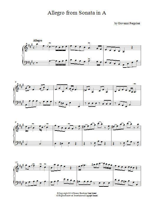 Giovanni Battista Pergolesi Allegro (Harpsichord Sonata In A Major) sheet music notes and chords arranged for Piano Solo