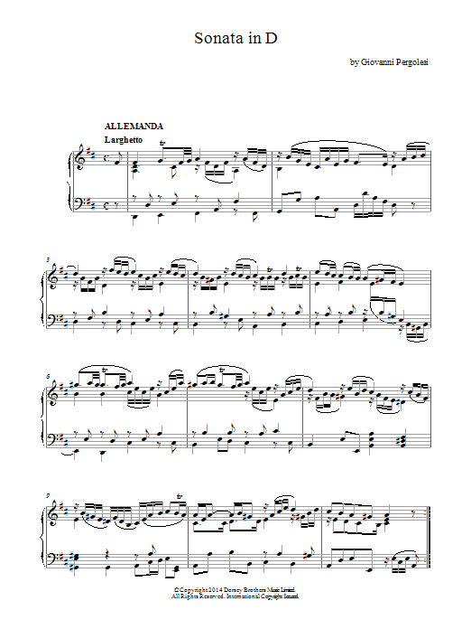 Giovanni Battista Pergolesi Harpsichord Sonata In D Major sheet music notes and chords arranged for Piano Solo