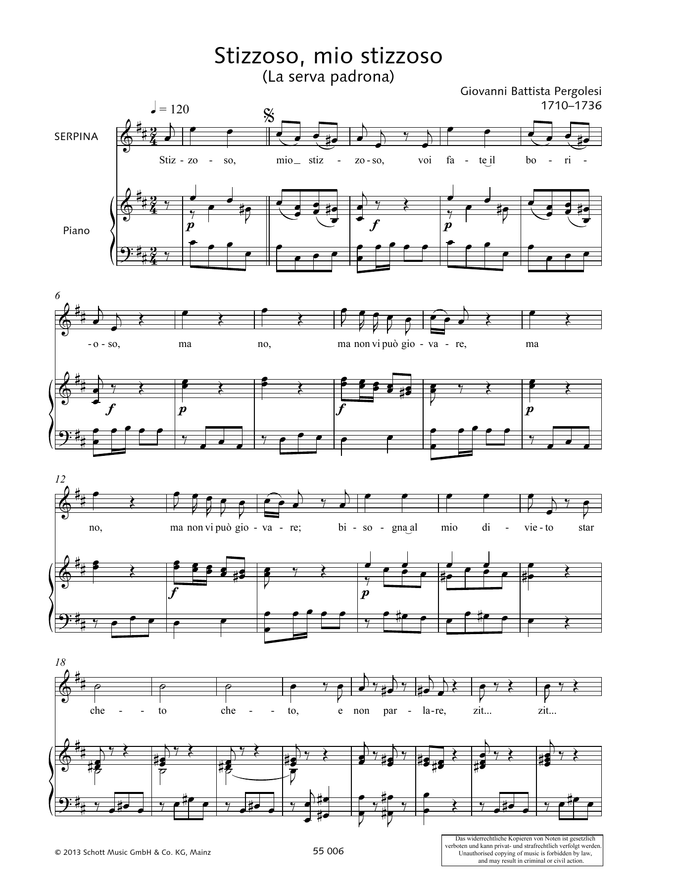 Giovanni Battista Pergolesi Stizzoso, mio stizzoso sheet music notes and chords arranged for Piano & Vocal