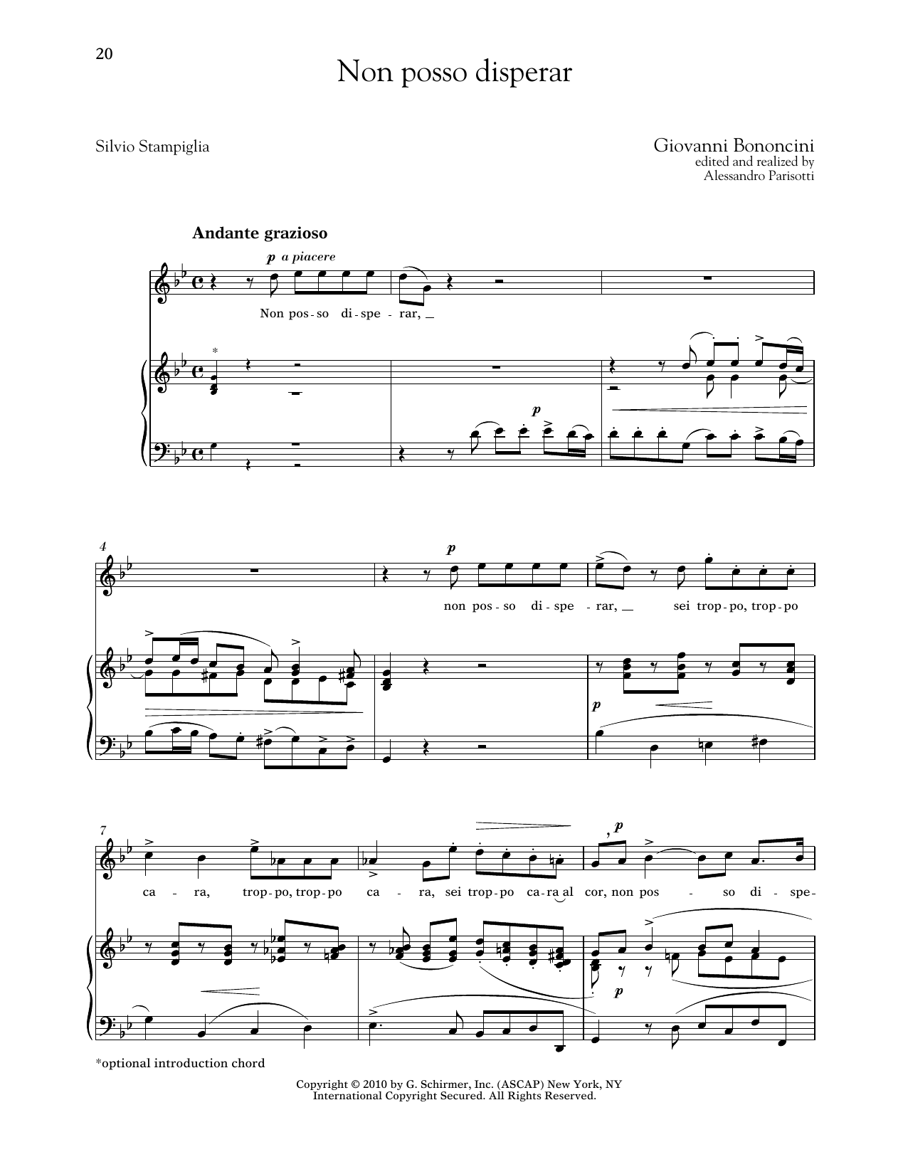Giovanni Bononcini Non Posso Disperar (High Voice) sheet music notes and chords arranged for Piano & Vocal