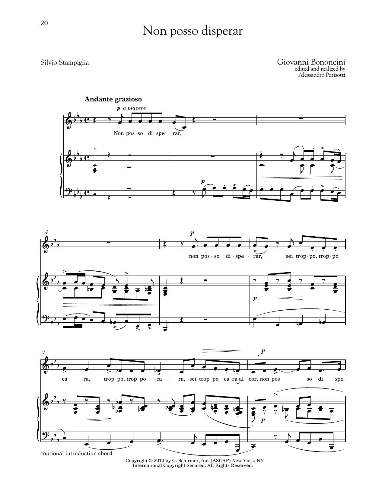 Giovanni Bononcini Non Posso Disperar (Low Voice) sheet music notes and chords arranged for Piano & Vocal