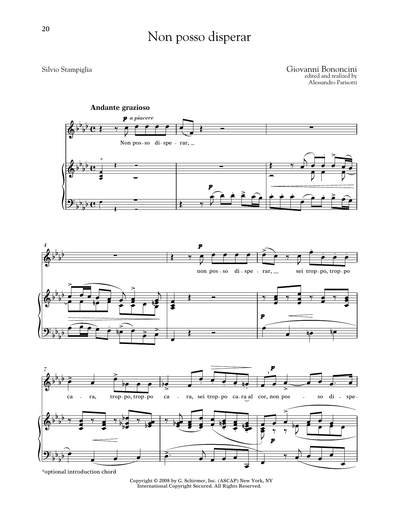 Giovanni Bononcini Non Posso Disperar (Medium High Voice) sheet music notes and chords arranged for Piano & Vocal