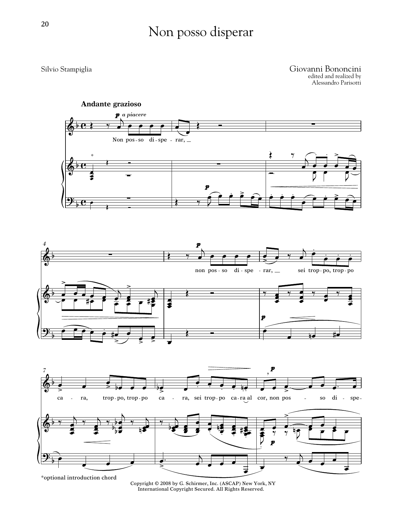 Giovanni Bononcini Non Posso Disperar (Medium Low Voice) sheet music notes and chords arranged for Piano & Vocal