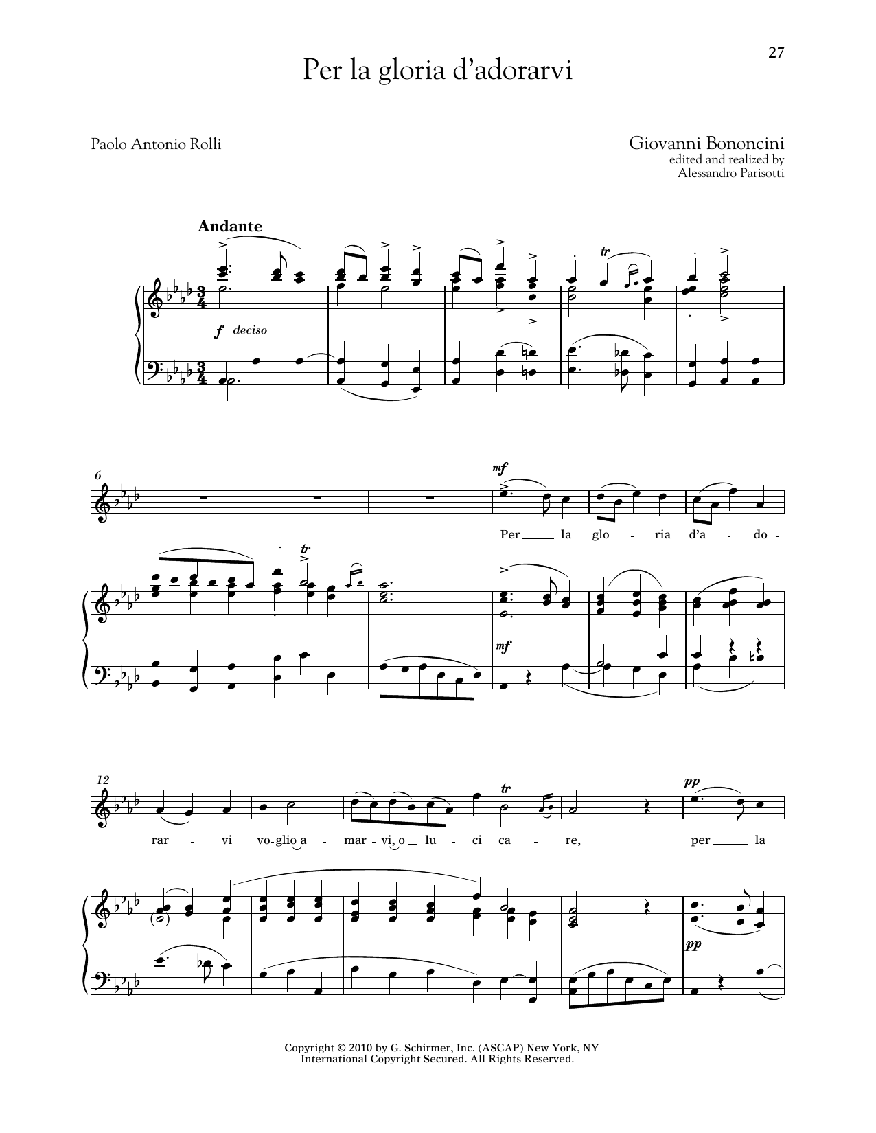 Giovanni Bononcini Per La Gloria D'adorarvi (High Voice) sheet music notes and chords arranged for Piano & Vocal