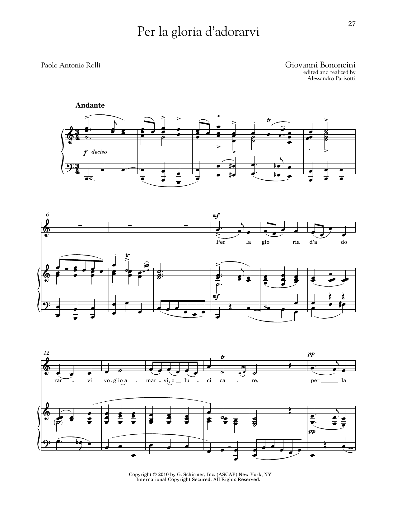 Giovanni Bononcini Per La Gloria D'adorarvi (Low Voice) sheet music notes and chords arranged for Piano & Vocal
