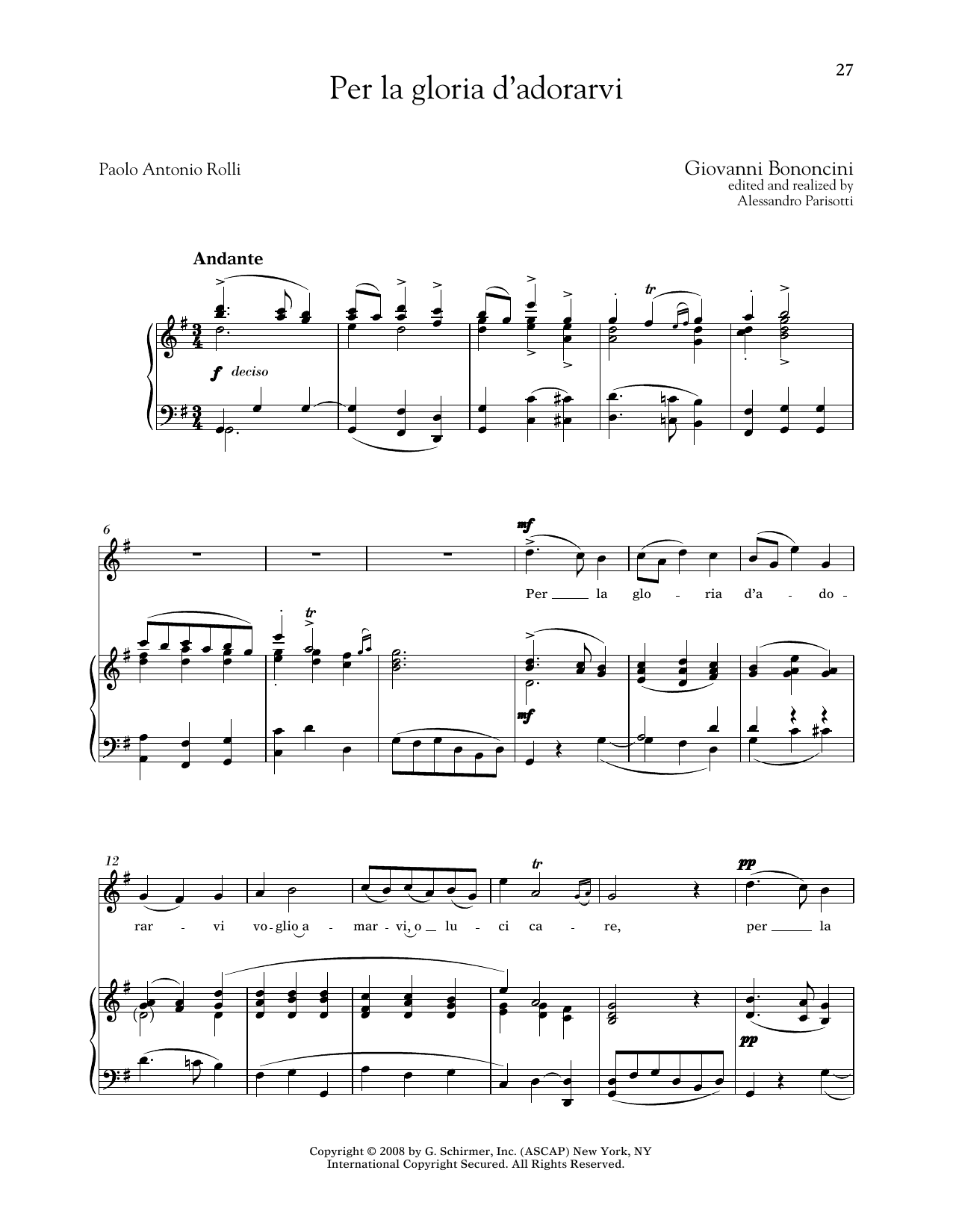 Giovanni Bononcini Per La Gloria D'adorarvi (Medium High Voice) sheet music notes and chords arranged for Piano & Vocal