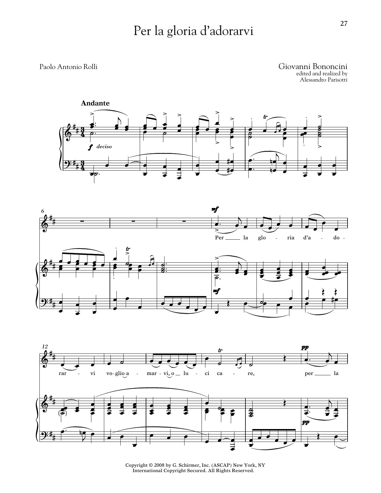 Giovanni Bononcini Per La Gloria D'adorarvi (Medium Low Voice) sheet music notes and chords arranged for Piano & Vocal