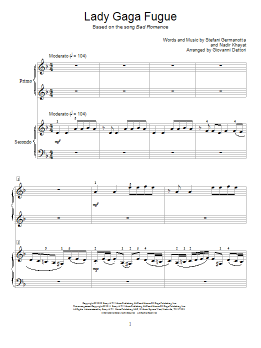 Giovanni Dettori Lady Gaga Fugue sheet music notes and chords arranged for Educational Piano