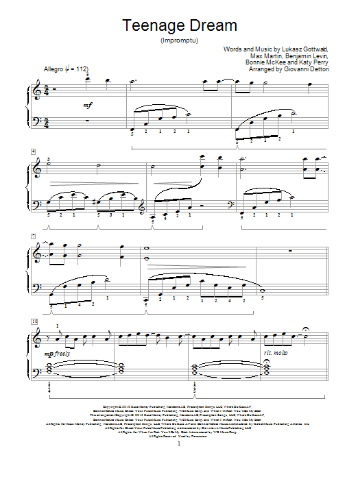 Giovanni Dettori Teenage Dream sheet music notes and chords arranged for Educational Piano