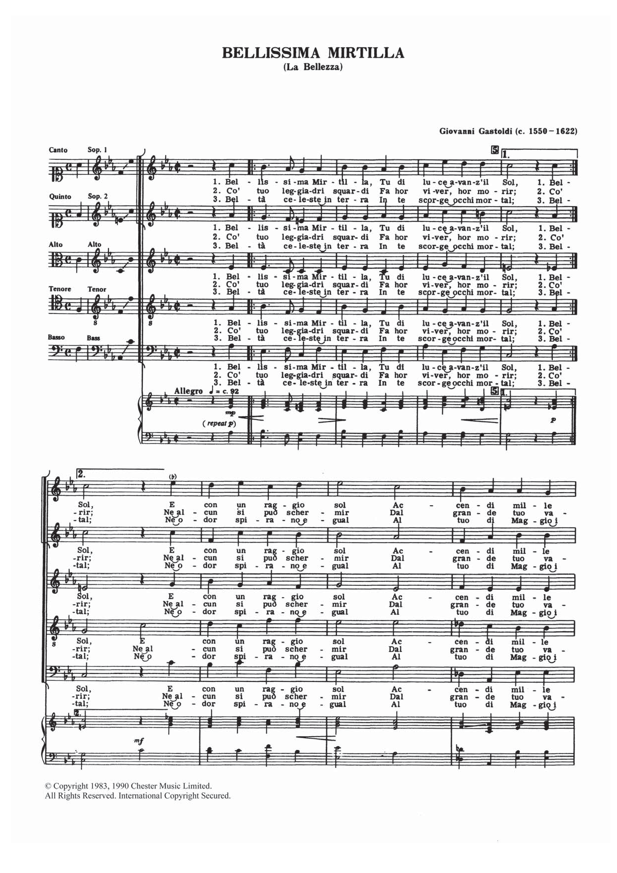 Giovanni Giacomo Gastoldi Bellissima Mirtilla sheet music notes and chords arranged for Choir