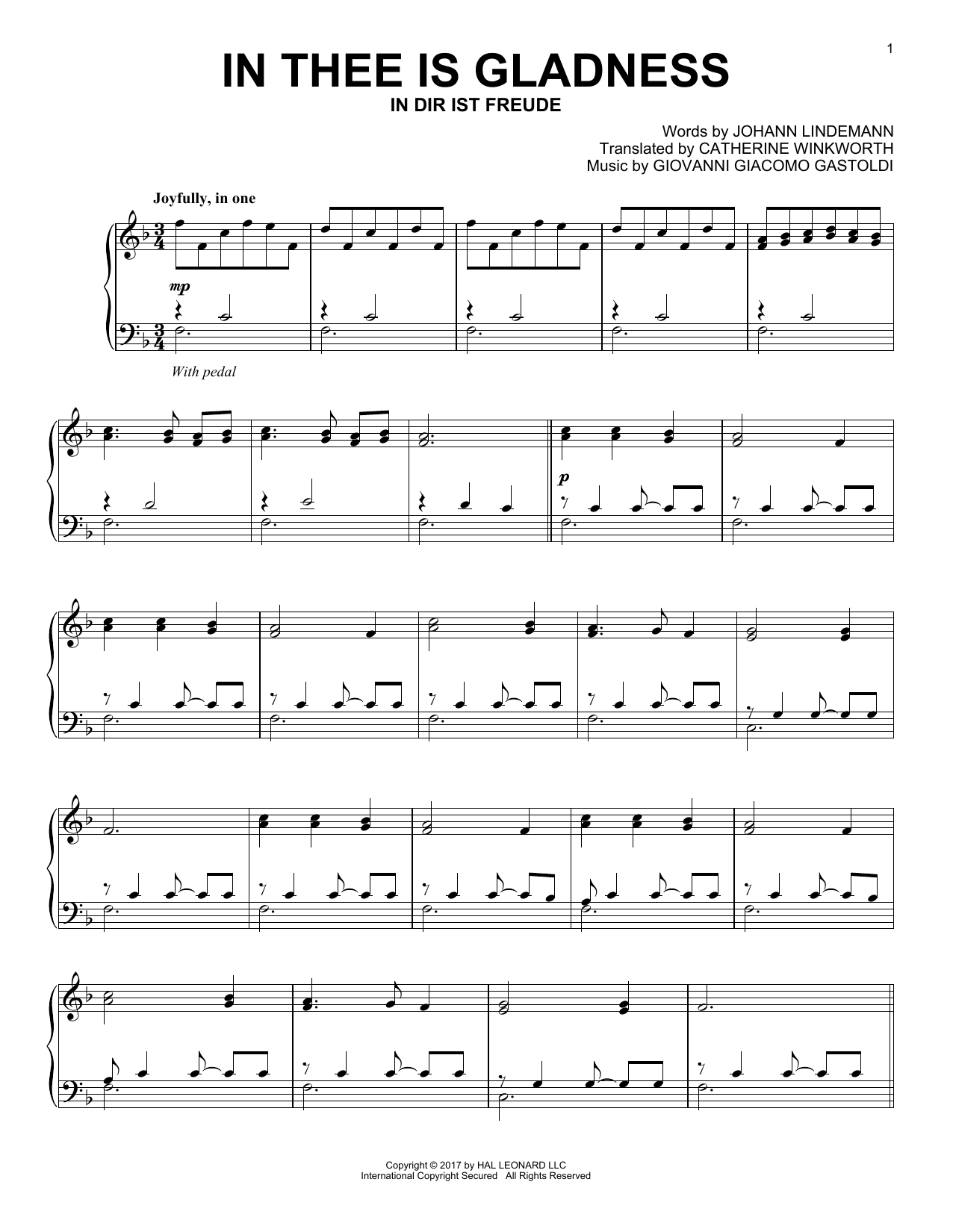 Giovanni Giacomo Gastoldi In Thee Is Gladness sheet music notes and chords arranged for Piano Solo