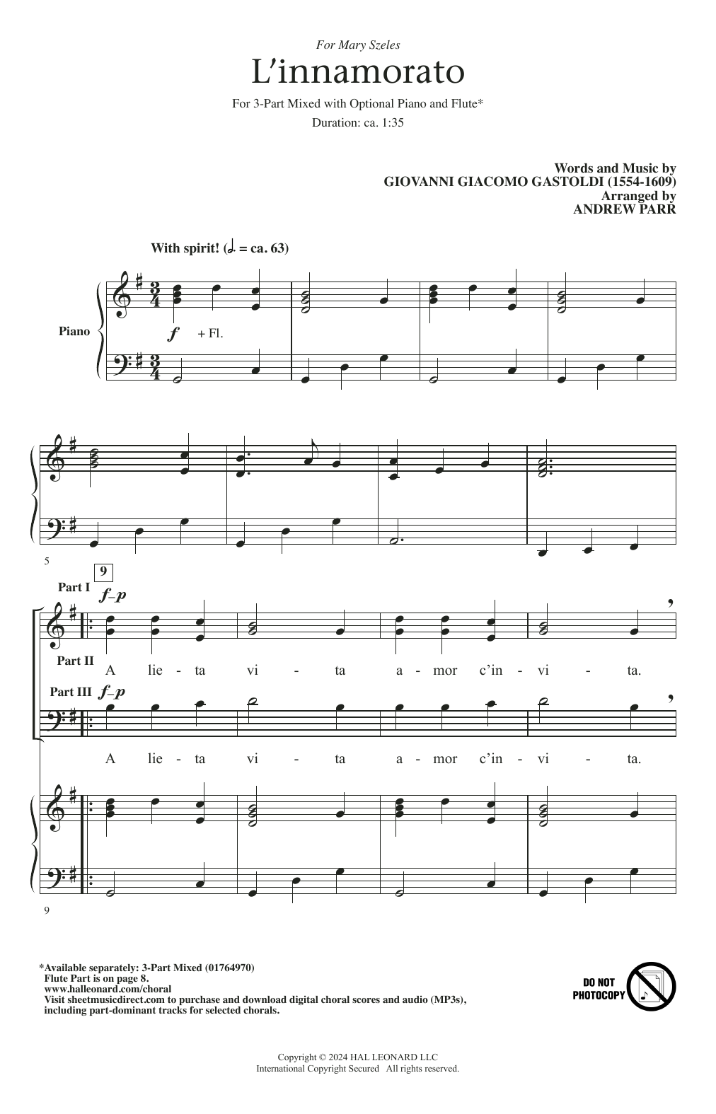 Giovanni Giacomo Gastoldi L'innamorato sheet music notes and chords arranged for 3-Part Mixed Choir
