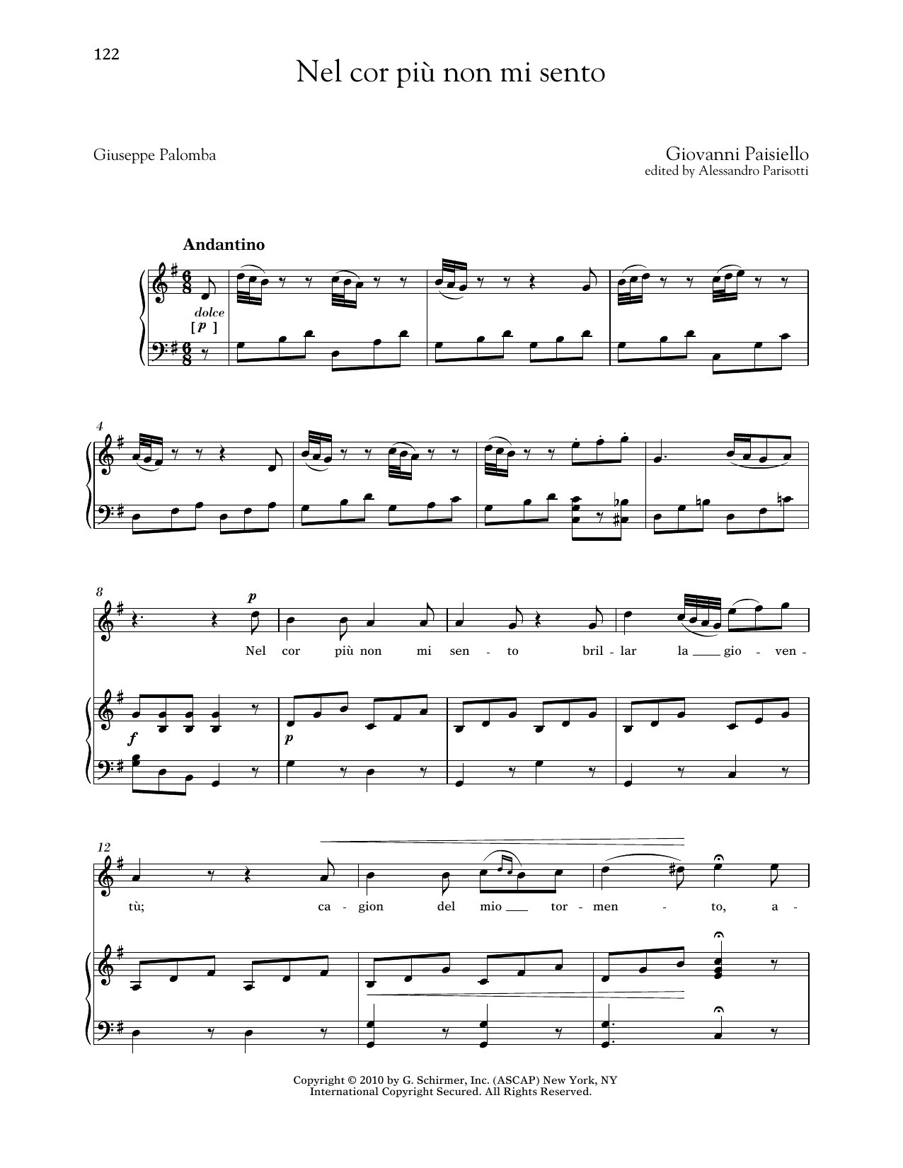 Giovanni Paisiello Nel Cor Piu Non Mi Sento (High Voice) sheet music notes and chords arranged for Piano & Vocal
