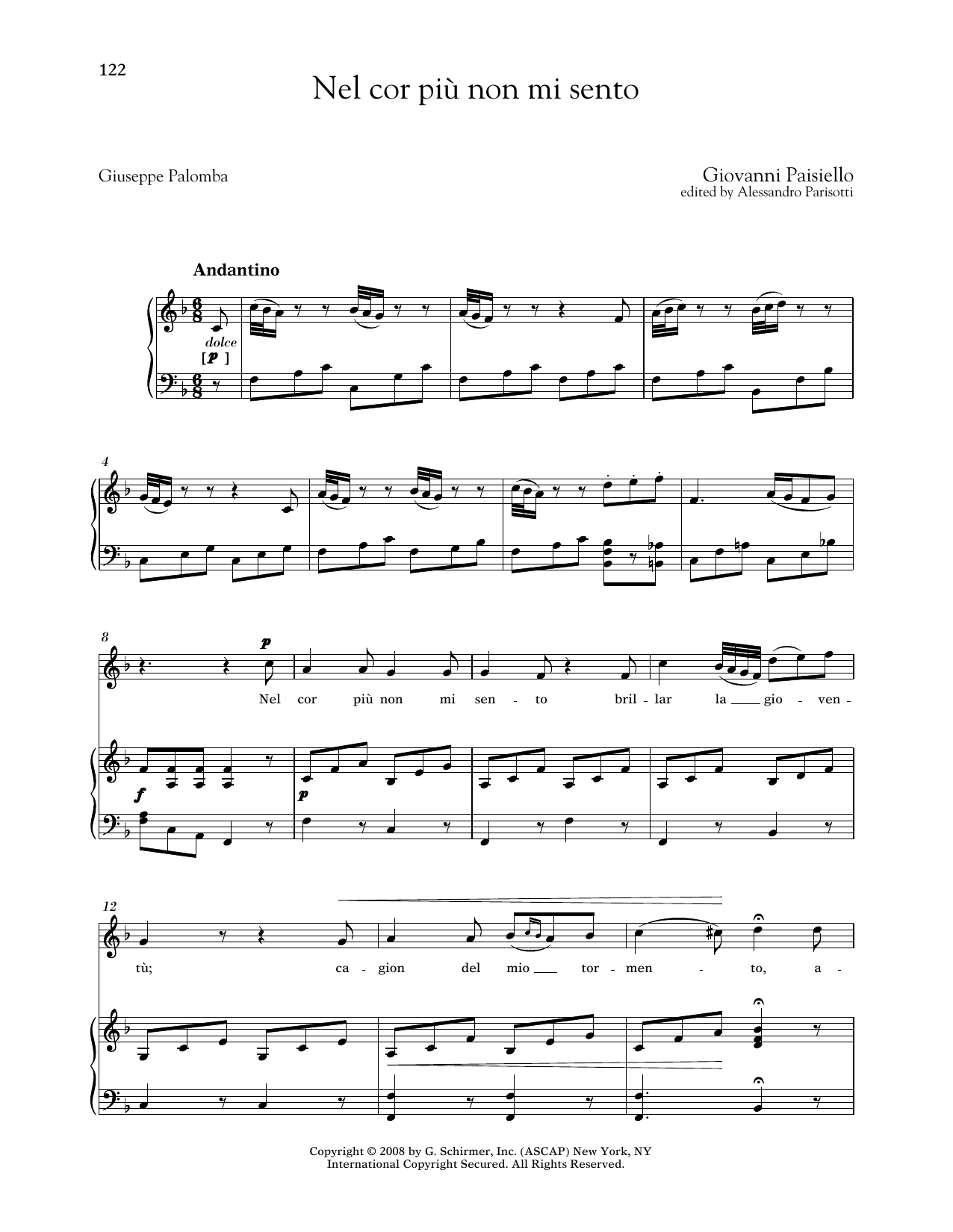 Giovanni Paisiello Nel Cor Piu Non Mi Sento (Medium High Voice) sheet music notes and chords arranged for Piano & Vocal