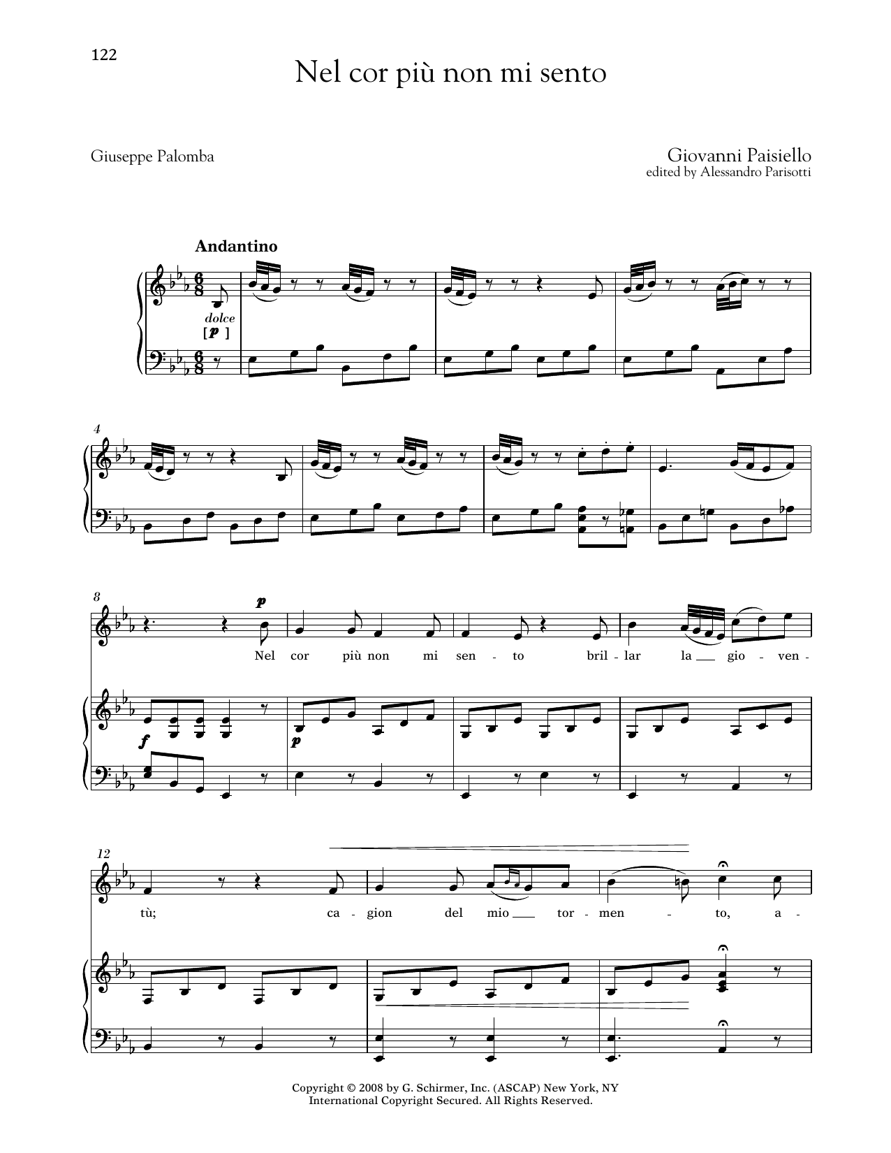 Giovanni Paisiello Nel Cor Piu Non Mi Sento (Medium Low Voice) sheet music notes and chords arranged for Piano & Vocal