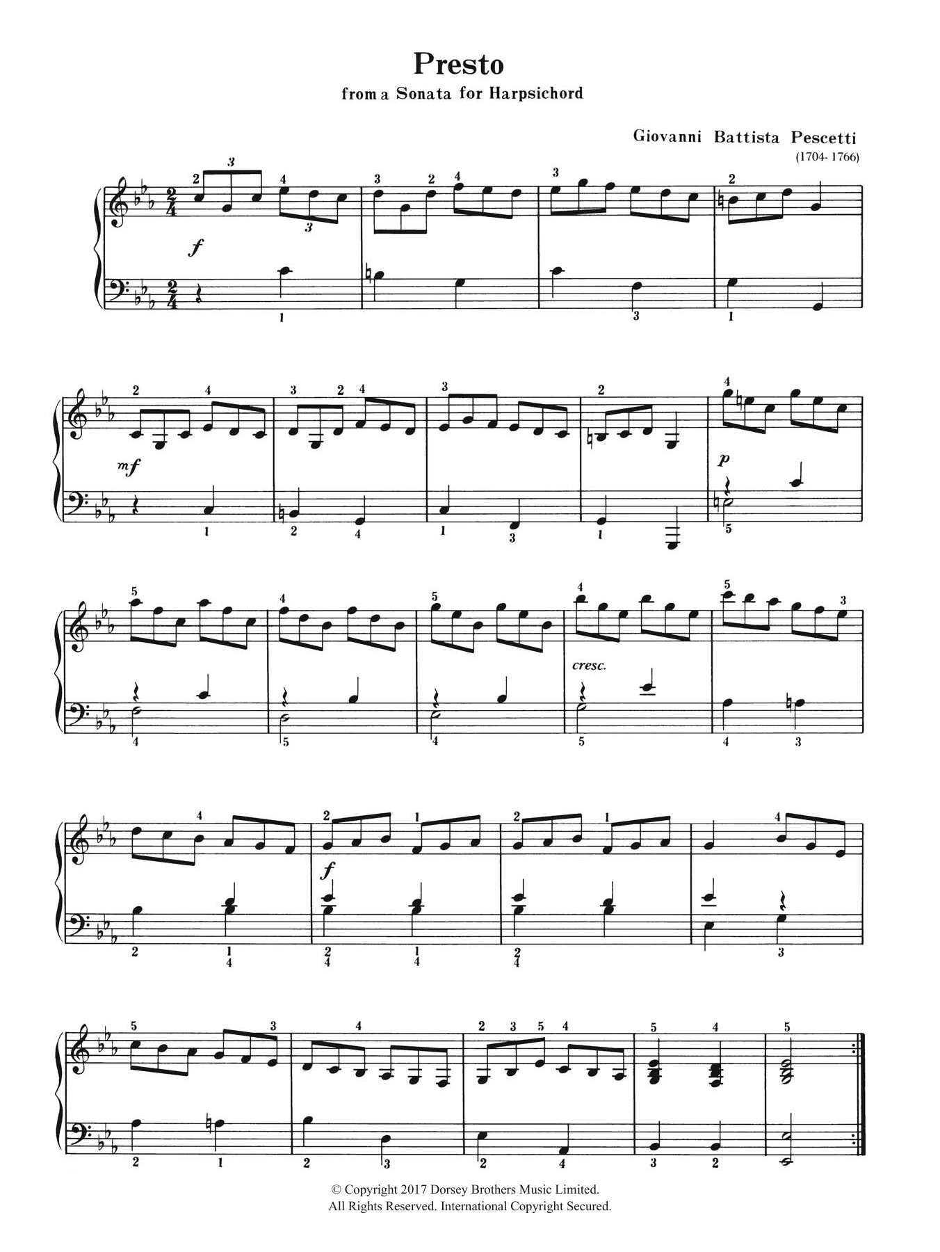 Giovanni Pescetti Presto sheet music notes and chords arranged for Piano Solo