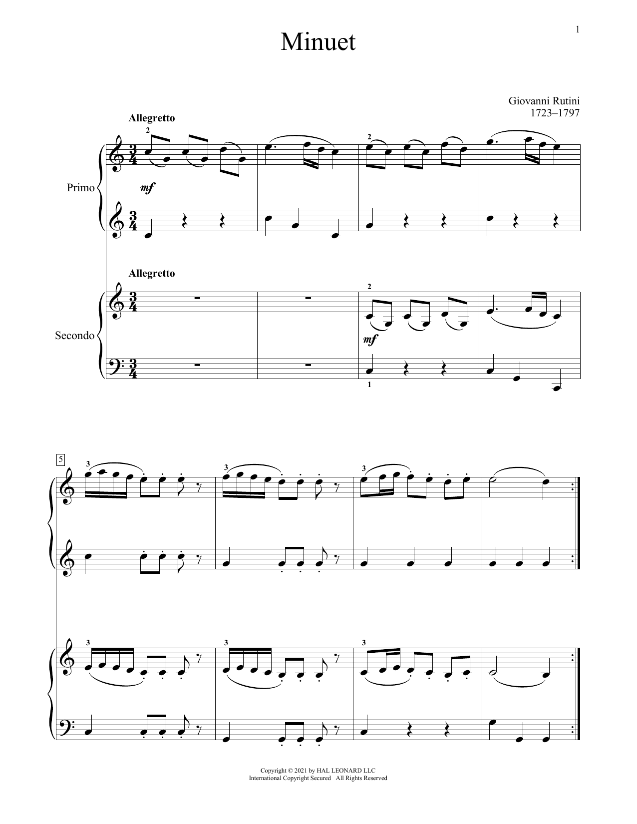 Giovanni Rutini Minuet sheet music notes and chords arranged for Piano Duet