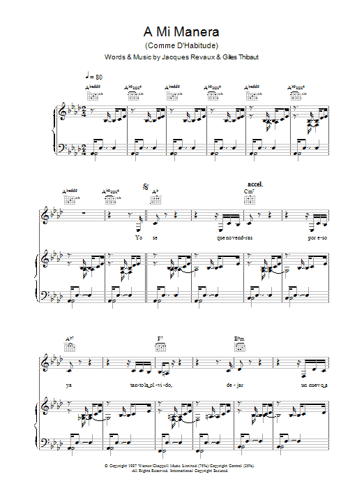 Gipsy Kings A Mi Manera (Comme D'Habitude) sheet music notes and chords arranged for Piano, Vocal & Guitar Chords
