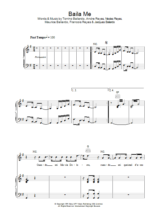 Gipsy Kings Baila Me sheet music notes and chords arranged for Piano, Vocal & Guitar Chords