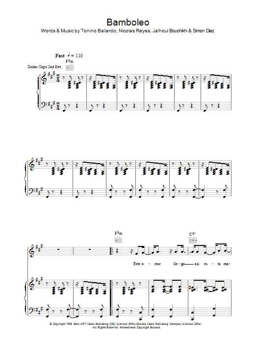 Gipsy Kings Bamboleo sheet music notes and chords arranged for Piano Chords/Lyrics