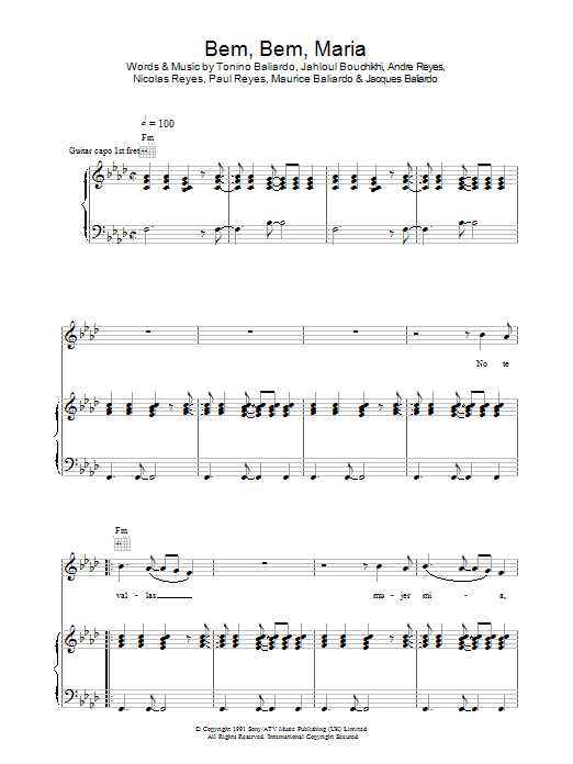 Gipsy Kings Bem Bem Maria sheet music notes and chords arranged for Piano, Vocal & Guitar Chords